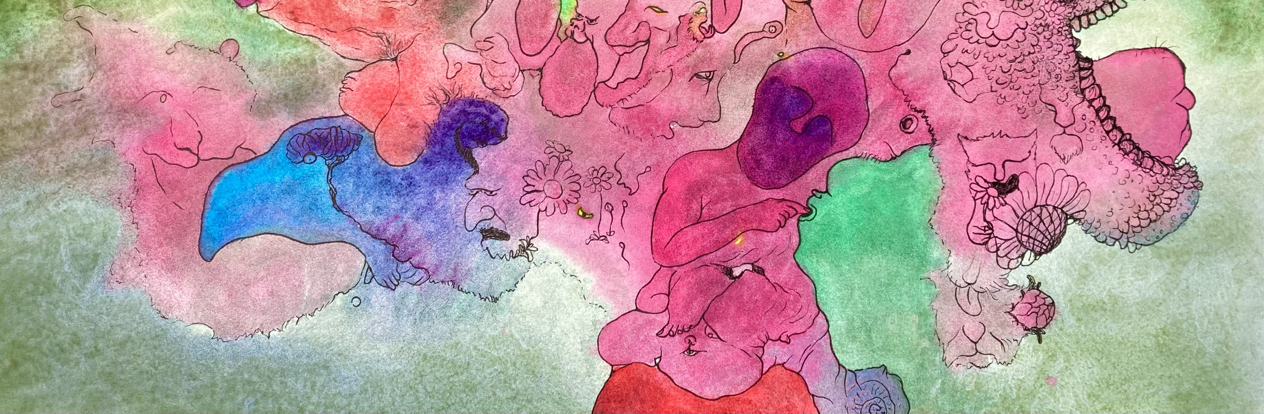 Detail of a biomorphic drawing over an abstract watercolor painting by MJ Seal