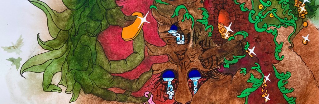 Detail of an original mixed media painting in watercolor, gouache and ink by emerging artist MJ Seal