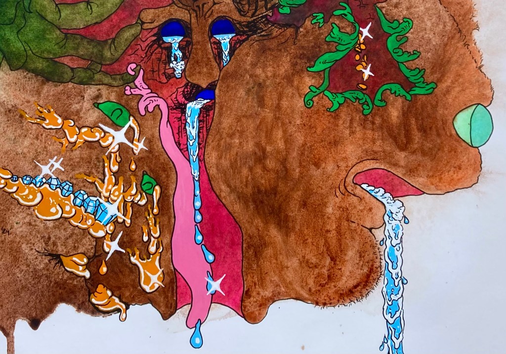 Detail of an original mixed media painting in watercolor, gouache and ink by emerging artist MJ Seal