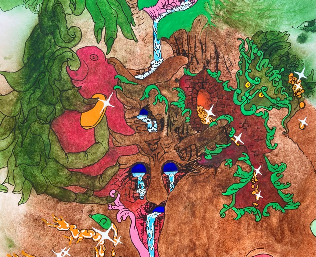 Detail of an original mixed media painting in watercolor, gouache and ink by emerging artist MJ Seal