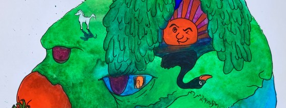 Detail of an original mixed media painting in watercolor, gouache and ink by emerging artist MJ Seal