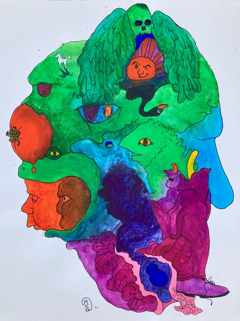 Full view of an original mixed media painting in watercolor, gouache and ink by emerging artist MJ Seal