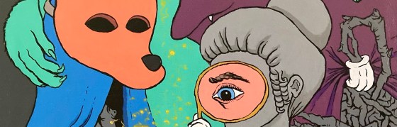 In this Close up detail of an original painting by emerging artist MJ Seal a figure n a royal blue robe with a fox mask looks on as a gloved hand sprouting from a mass of tangled branches holds up a peculiar monocle that turns the face of what looks like the bust of some aristocratic early 19th century woman into a giant cartoonish eye. Behind her the head of an aged tree man opens to reveal another tangle of branches.