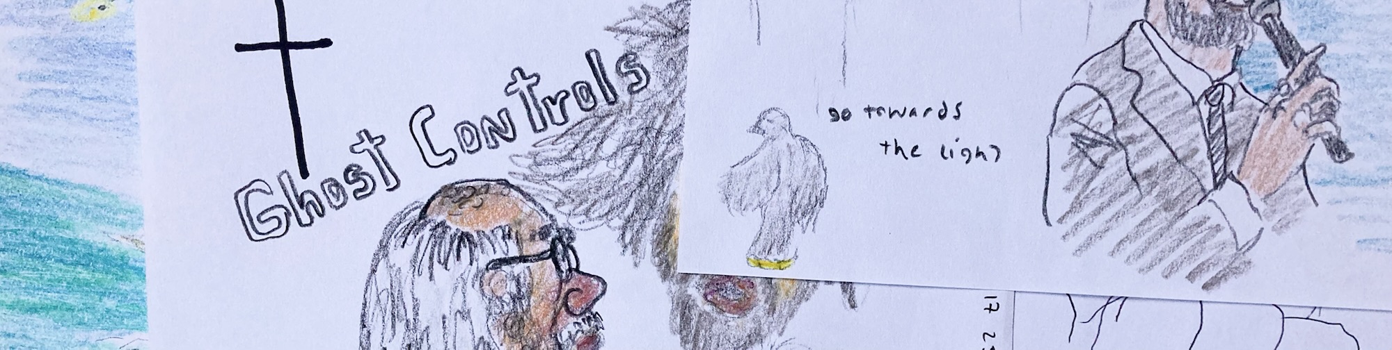 Close up details of several journal pages with drawings and scribblings of events and people from daily life as drawn by emerging artist MJ Seal