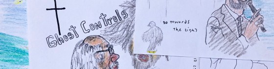 Close up details of several journal pages with drawings and scribblings of events and people from daily life as drawn by emerging artist MJ Seal