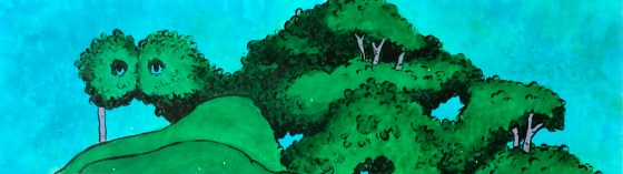 In this detail of Luciferin harvest, an original painting by emerging artist MJ Seal, a branch sprouts out from the top of a dark velvety green forest. The cluster of leaves at the end of the branch vaguely resembles the eyes of an owl.