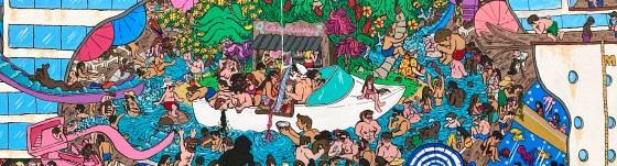 In this detail of "Greater Vehicle", an original painting by emerging artist MJ Seal, we see the central party zone - a ship of fools within a ship of fools. A speed boat- permanently moored to an artificial island in the middle of a pool on the upper decks- is filled with the upper crust of this hedonistic bunch. A busty party girl and the shirtless, white-haired captain appear to be battling for a banana hanging down like a fishing lure. Between them an ice luge launches pink champagne from the "Castaway" island bar into the roiling pool water. Drunken revelers splash, pose, strip, and strut filling every inch with movement and color.